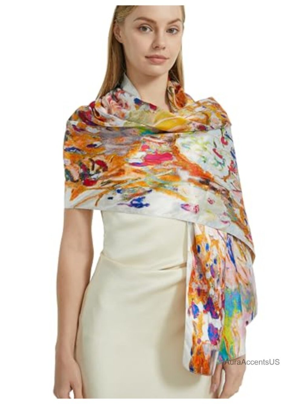 Silk Feeling Long Floral Print Scarf Lightweight Shawl Wrap